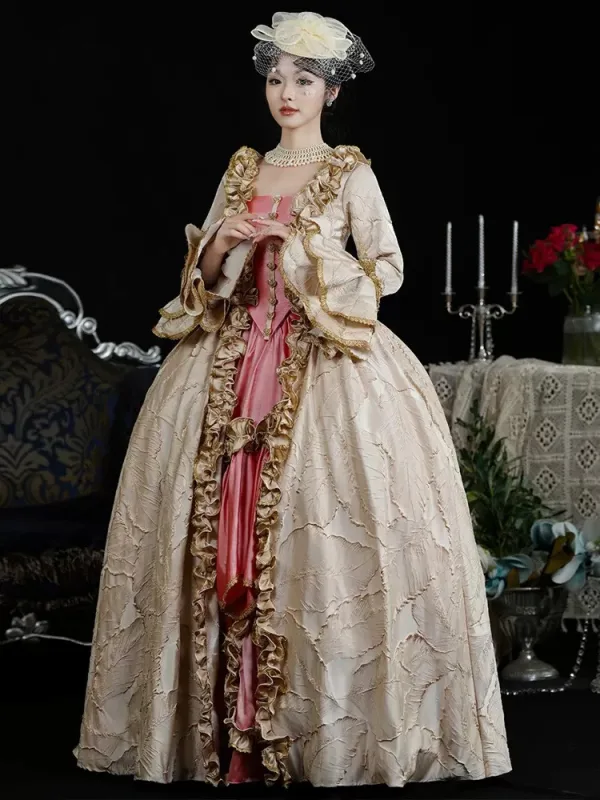 Vintage / Retro Medieval Beige Leaf Printing Prom Dresses 2024 Floor-Length / Long Lace U-Neck Cosplay A-Line / Princess Ball Gown Prom Formal Dresses