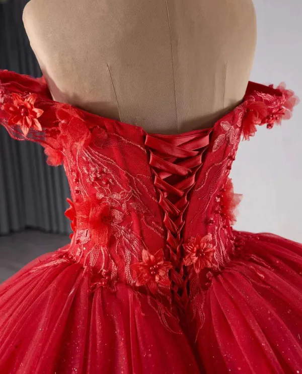Stunning Red Wedding Dresses 2024 Crossed Straps 3D Lace Flower Tulle Off-The-Shoulder Sleeveless Floor-Length / Long Bridal Ball Gown