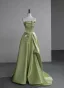 Elegant Sage Green Appliques Satin Prom Dresses 2025 A-Line / Princess Strapless Sleeveless Backless Prom Sweep Train Formal Dresses