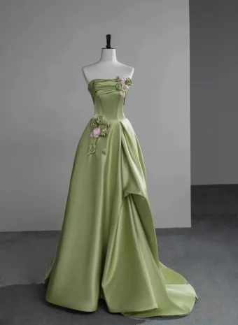Eleganckie Szałwia Zielony Aplikacje Satyna Sukienki Na Bal 2025 Princessa Bez Ramiączek Bez Rękawów Bez Pleców Bal Trenem Sweep Sukienki Wizytowe
