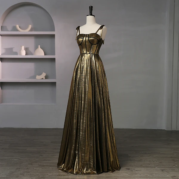 Elegante Schwarz Gold Ballkleider 2023 Ballkleid Spaghettiträger Ärmellos Rückenfreies Lange Ball Festliche Kleider