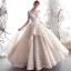 Luxury / Gorgeous Champagne Wedding Dresses 2019 A-Line / Princess Scoop Neck Beading Lace Flower 1/2 Sleeves Backless Floor-Length / Long