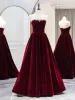 Elegant Burgundy Velvet Prom Dresses 2024 A-Line / Princess Off-The-Shoulder Long Sleeve Backless Floor-Length / Long Prom Formal Dresses