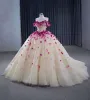 Flower Fairy Champagne Ball Gown Prom Dresses 2024 Crossed Straps Beading Floor-Length / Long Tulle Strapless Sleeveless Quinceañera Formal Dresses