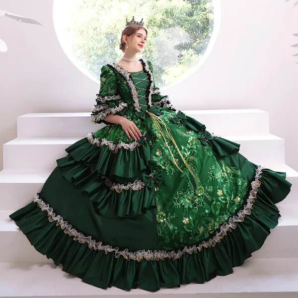 Medieval Vintage / Retro Dark Green Prom Dresses 2024 Embroidered Flower Square Neckline Pageant Ball Gown Formal Dresses
