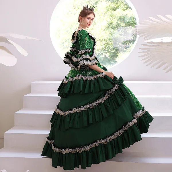 Medieval Vintage / Retro Dark Green Prom Dresses 2024 Embroidered Flower Square Neckline Pageant Ball Gown Formal Dresses