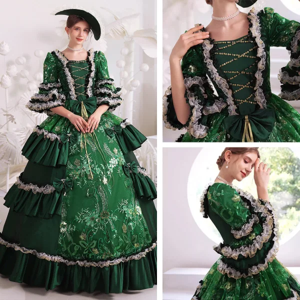 Medieval Vintage / Retro Dark Green Prom Dresses 2024 Embroidered Flower  Square Neckline Pageant Ball Gown Formal