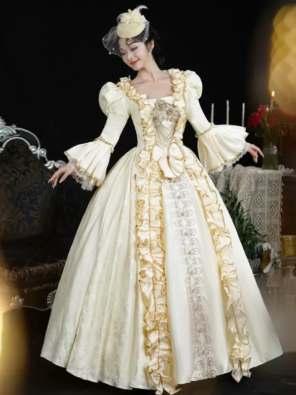 Vintage / Retro Medieval Champagne Prom Dresses 2024 Flower Lace Floor-Length / Long U-Neck Cosplay Long Sleeve A-Line / Princess Ball Gown Prom
