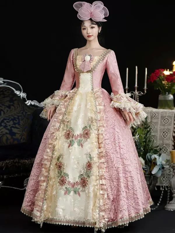 Vintage / Retro Medieval Candy Pink Prom Dresses 2024 3D Lace Printing Floral Floor-Length / Long U-Neck Long Sleeve A-Line / Princess Ball Gown Cosplay Prom Formal Dresses