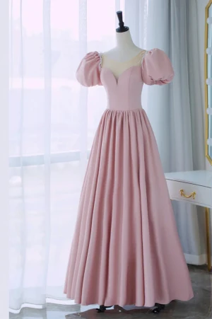 Charmant Rougissant Rose Perlage Perle Satin Robe De Bal 2024 Princesse Encolure Dégagée Gonflée Manches Courtes Dos Nu Longue Promo Robe De Ceremonie