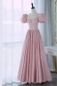 Lovely Blushing Pink Beading Pearl Satin Prom Dresses 2024 A-Line / Princess Scoop Neck Puffy Short Sleeve Backless Floor-Length / Long Prom Formal Dresses