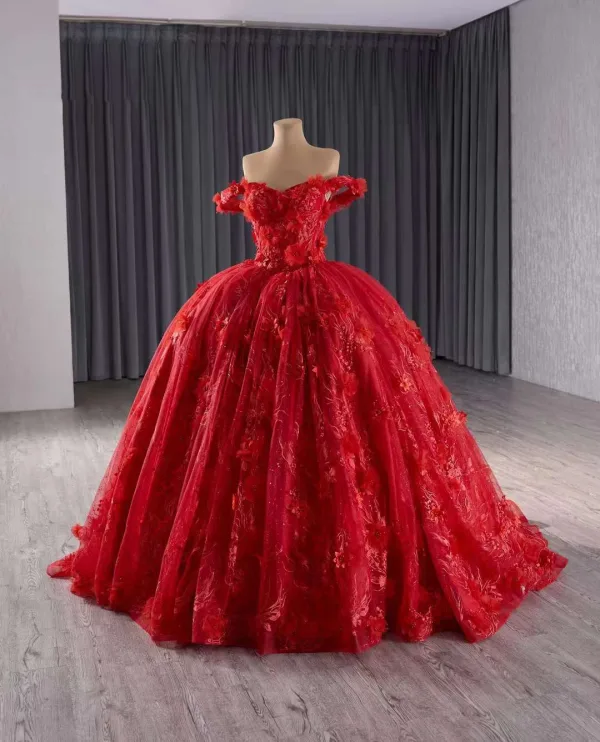 Stunning Red Wedding Dresses 2024 Crossed Straps 3D Lace Flower Tulle Off-The-Shoulder Sleeveless Floor-Length / Long Bridal Ball Gown