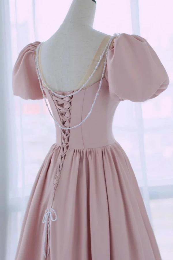 Lovely Blushing Pink Beading Pearl Satin Prom Dresses 2024 A-Line / Princess Scoop Neck Puffy Short Sleeve Backless Floor-Length / Long Prom Formal Dresses