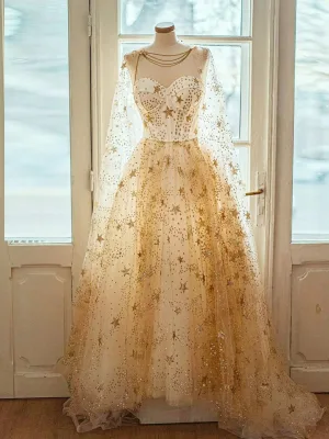 Scintillantes Champagne Étoile Paillettes Robe De Bal 2024 Princesse Encolure Dégagée Sans Manches Train De Balayage Robe De Ceremonie