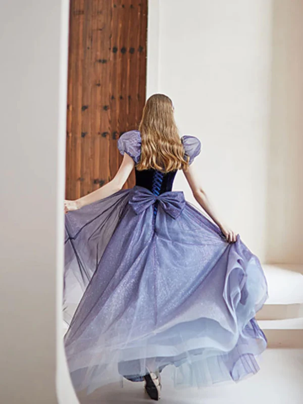 Vintage / Retro Glitter Navy Blue Prom Dresses 2024 A-Line / Princess Square Neckline Puffy Short Sleeve Backless Bow Floor-Length / Long Formal Dresses