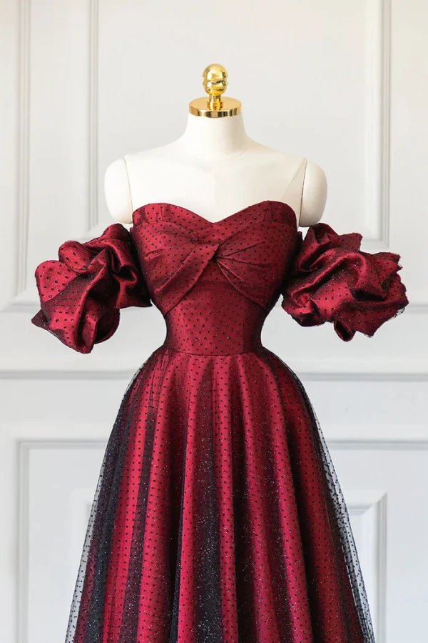 Chic / Beautiful Burgundy Glitter Spotted Prom Dresses 2024 A-Line / Princess Off-The-Shoulder Short Sleeve Backless Floor-Length / Long Formal Dresses