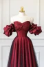 Chic / Beautiful Burgundy Glitter Spotted Prom Dresses 2024 A-Line / Princess Off-The-Shoulder Short Sleeve Backless Floor-Length / Long Formal Dresses