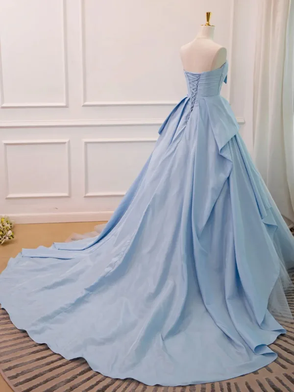 Fashion Satin Sky Blue Prom Dresses 2024 Ball Gown Strapless Sleeveless Backless Sweep Train Formal Dresses