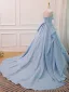 Fashion Satin Sky Blue Prom Dresses 2024 Ball Gown Strapless Sleeveless Backless Sweep Train Formal Dresses