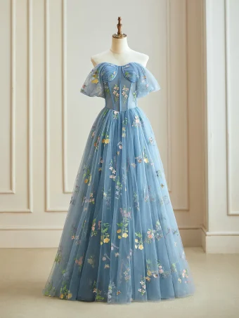 Flower Fairy Sky Blue Floral Corset Prom Dresses 2024 Crossed Straps Lace Tulle Sweetheart A Line Princess Floor Length Long Formal Dresses