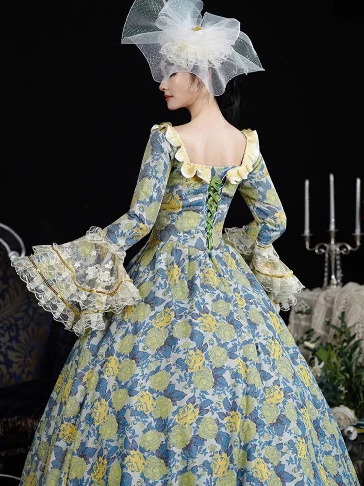 Vintage Retro Medieval Lime Green Floral Prom Dresses 2024 Printing Floor  Length Long Lace Cosplay Long Sleeve A Line Princess Ball Gown Prom Formal  Dresses