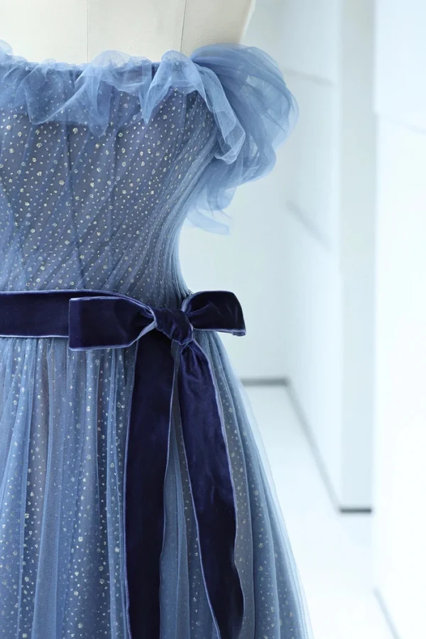 Fashion Pool Blue Sequins Bow Sash Prom Dresses 2024 A-Line / Princess Strapless Sleeveless Backless Floor-Length / Long Formal Dresses