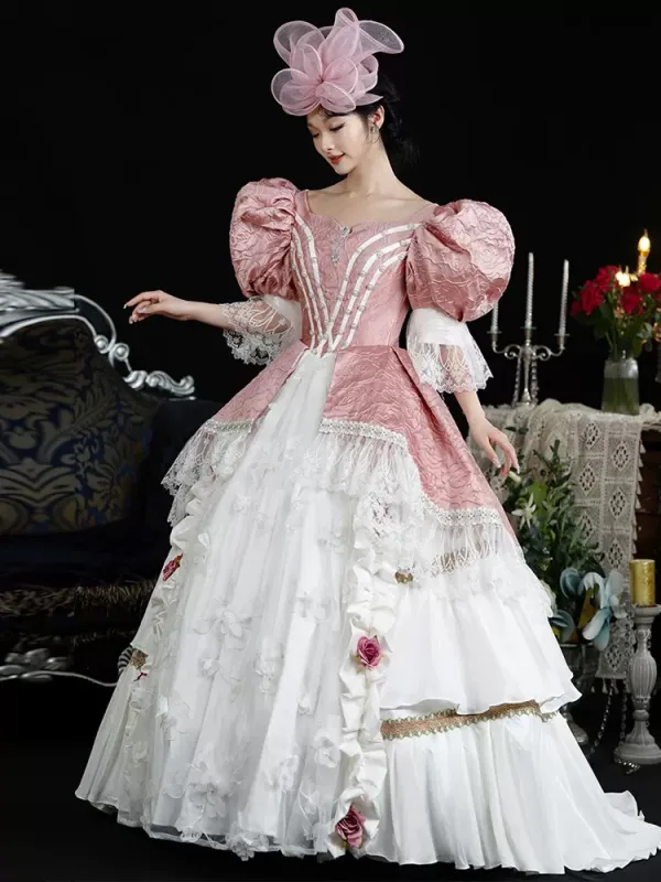Vintage / Retro Medieval Blushing Pink Prom Dresses 2024 3D Lace Floral Pearl Floor-Length / Long U-Neck 1/2 Sleeves Cosplay Ball Gown Prom Formal Dresses