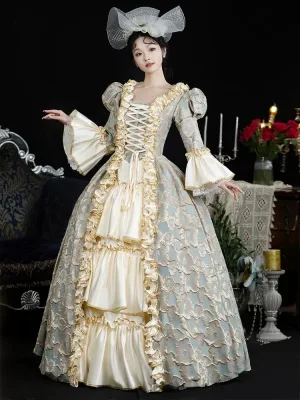 Vintage Middelalder 3d Lace Blomst Champagne Ballkjoler 2024 Kryssede Stropper Lange U Hals Cosplay Langermede Prinsesse Ballkjole Formelle Kjoler