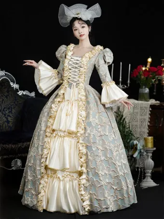 Vintage Retro Medieval 3 D Lace Flower Champagne Prom Dresses 2024 Crossed Straps Floor Length Long U Neck Cosplay Long Sleeve A Line Princess Ball Gown Formal Dresses
