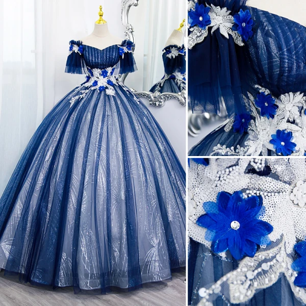 Elegant Royal Blue Beading Appliques Sequins Prom Dresses 2022 Ball Gown Off-The-Shoulder Short Sleeve Backless Floor-Length / Long Prom Formal Dresses