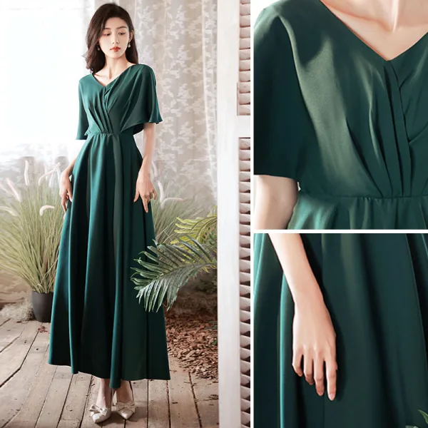 Modest / Simple Dark Green Satin Bridesmaid Dresses 2022 A-Line / Princess Short Sleeve Backless Floor-Length / Long
