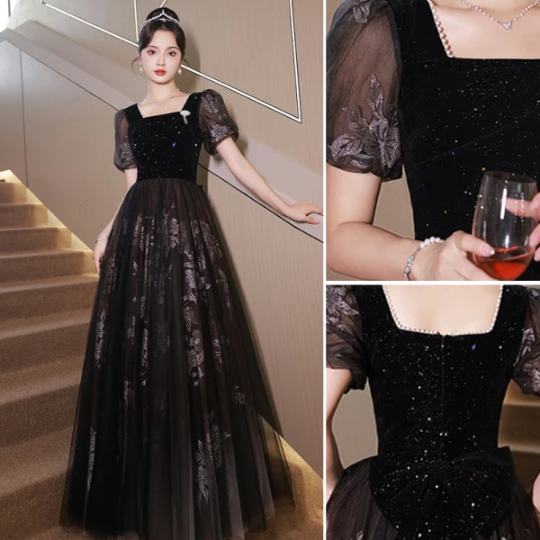 Chic / Beautiful Black Beading Pearl Sequins Evening Dresses 2023 A-Line / Princess Square Neckline Short Sleeve Backless Floor-Length / Long Evening Party Formal Dresses
