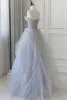Charming Grey Lace Flower Formal Dresses 2024 A-Line / Princess Strapless Sleeveless Backless Bow Sash Floor-Length / Long Prom Prom Dresses