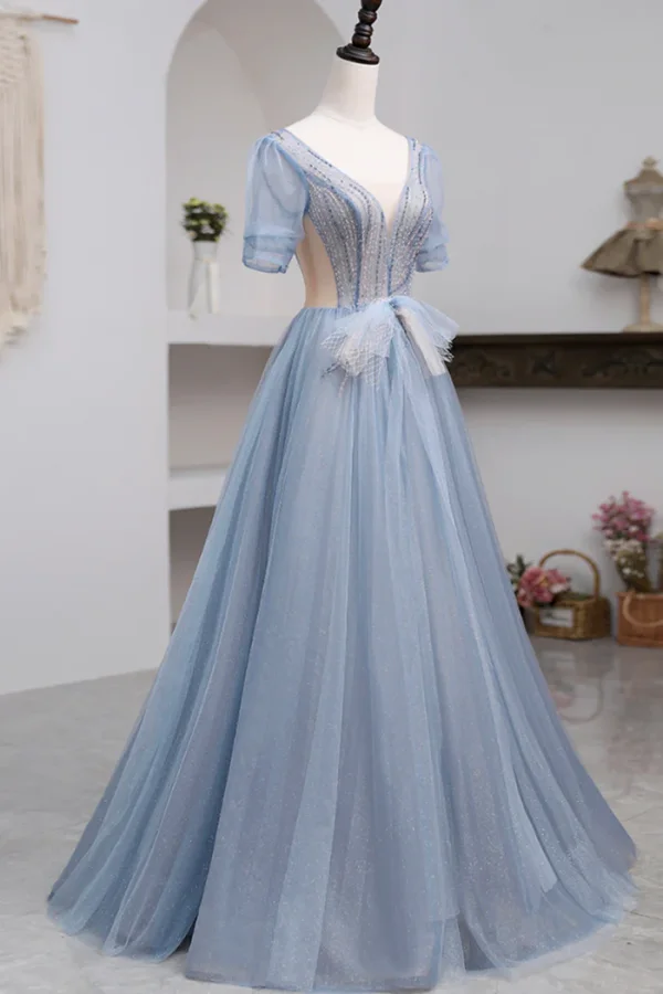 Chic / Beautiful Sky Blue Beading Prom Dresses 2024 A-Line / Princess V-Neck Short Sleeve Backless Floor-Length / Long Prom Formal Dresses