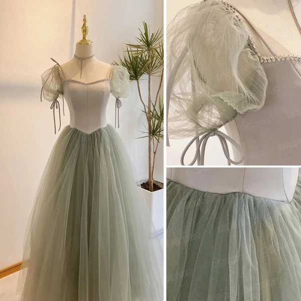 Chic / Beautiful Sage Green Prom Dresses 2022 A-Line / Princess Square Neckline Puffy Short Sleeve Bow Rhinestone Floor-Length / Long Formal Dresses