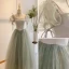 Chic / Beautiful Sage Green Prom Dresses 2022 A-Line / Princess Square Neckline Puffy Short Sleeve Bow Rhinestone Floor-Length / Long Formal Dresses
