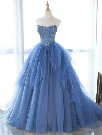 Corset Bodice Dusty Blue Tulle Sequins Prom Dresses 2026 Floor Length Long Ball Gown