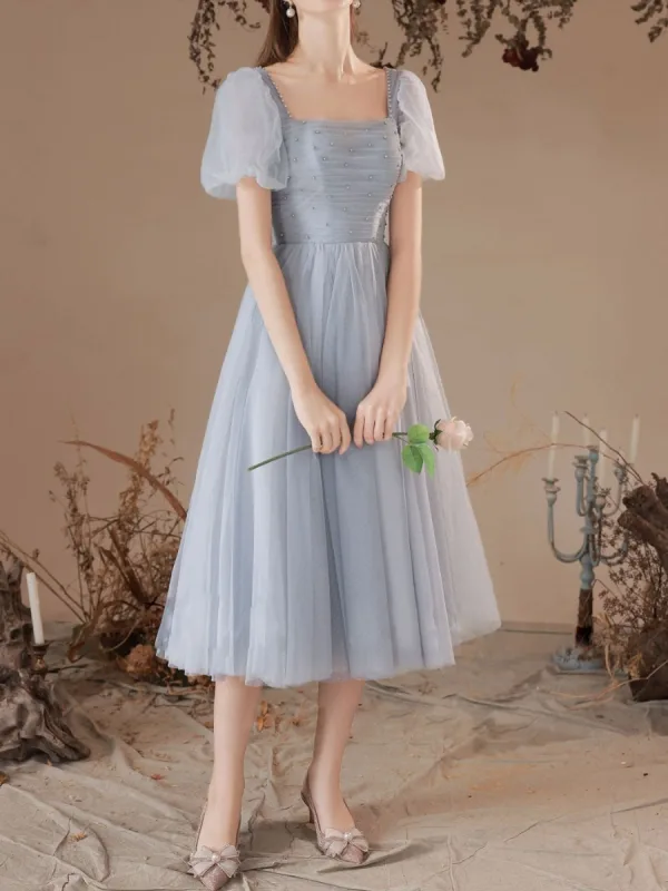 Chic / Belle Bleu Ciel Perle de retour Robe De Graduation 2023 Princesse Encolure Carrée Manches Courtes Dos Nu Thé Longueur Robe De Ceremonie