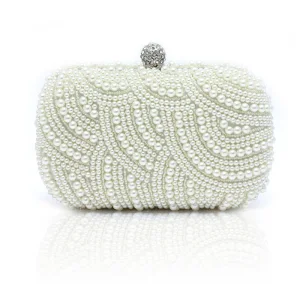 Lyx Vita Kuvertväska Beading Pärla Rhinestone Handgjort Bröllop Fest Afton Bal Tillbehör 2019