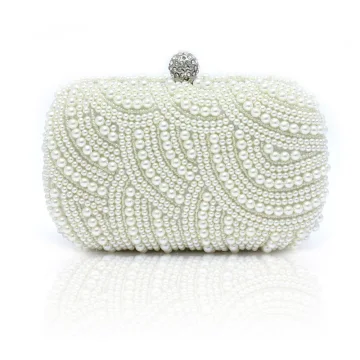 Lyx Vita Kuvertväska Beading Pärla Rhinestone Handgjort Bröllop Fest Afton Bal Tillbehör 2019