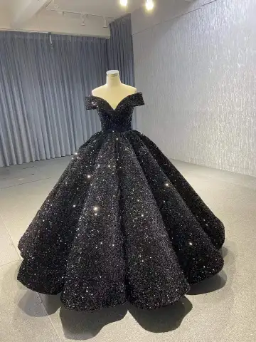 Błyszczące Czarne Cekinowe Quinceañera Sukienki Na Bal 2026 Cekiny Sukienki Wizytowe Z Płaszczem Skrzyżowane Pasy Długie Przy Ramieniu Suknia Balowa