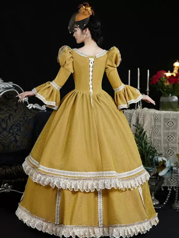 Vintage / Retro Medieval Bling Bling Yellow Prom Dresses Prom Dresses 2024 3D Lace Floor-Length / Long U-Neck Long Sleeve Ball Gown Cosplay Prom Formal Dresses
