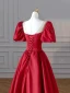 Elegant Burgundy Pearl Satin Prom Dresses 2024 A-Line / Princess Scoop Neck Puffy Short Sleeve Backless Floor-Length / Long Prom Formal Dresses