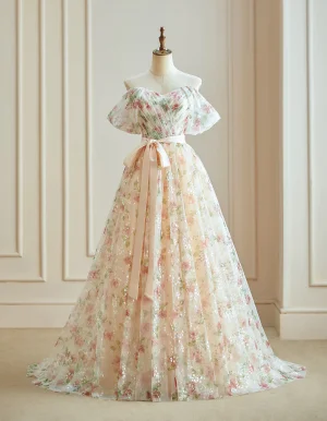 Blomsterfe Glitter Tyll Champagne Blomster Ballkjoler 2024 Av Skulderen Forlovelses Prinsesse Formelle Kjoler