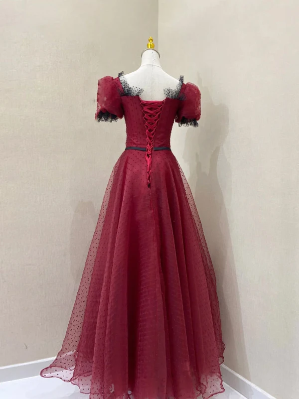 Chic / Beautiful Burgundy Spotted Prom Dresses 2024 A-Line / Princess Square Neckline Puffy Short Sleeve Backless Bow Sash Floor-Length / Long Formal Dresses