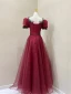 Chic / Beautiful Burgundy Spotted Prom Dresses 2024 A-Line / Princess Square Neckline Puffy Short Sleeve Backless Bow Sash Floor-Length / Long Formal Dresses