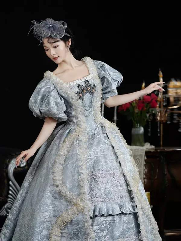 Vintage / Retro Medieval Sky Blue Pearl Flower Prom Dresses 2024 Floor-Length / Long Lace U-Neck A-Line / Princess Ball Gown Cosplay Prom Formal Dresses