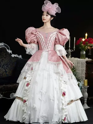 Vintage Originale Médiévale Rougissant Rose Robe De Bal 2024 Dentelle 3d Floral Perle Longue U Cou 1 2 Manches Cosplay Robe Boule Promo Robe De Ceremonie