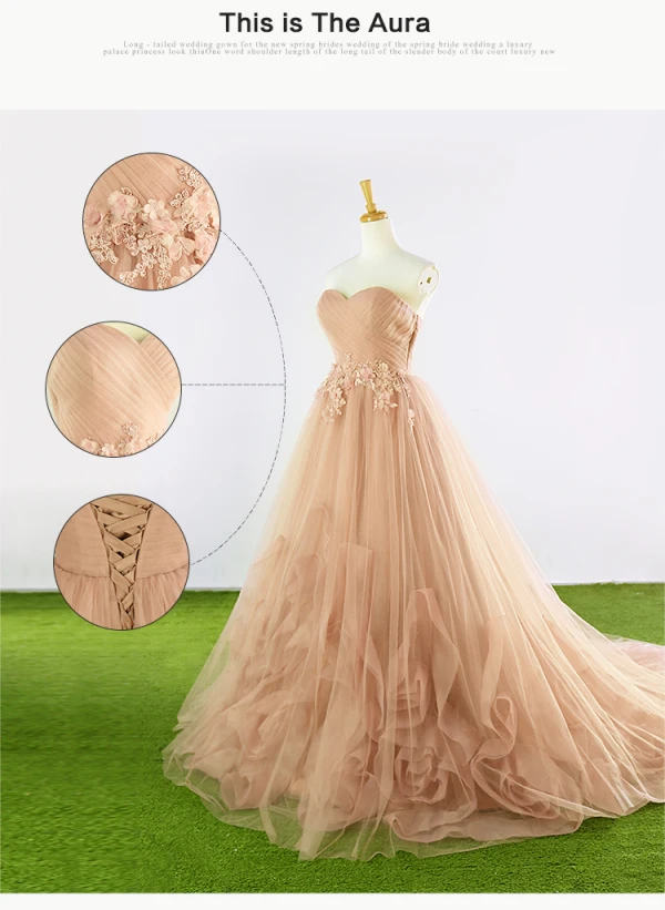 Elegant Champagne Ballkjoler 2017 Prinsesse Kjæreste Uten Ermer Ryggløse Appliques Blonder Plissert Tyll Formelle Kjoler Chapel Train