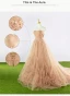 Elegant Champagne Ballkjoler 2017 Prinsesse Kjæreste Uten Ermer Ryggløse Appliques Blonder Plissert Tyll Formelle Kjoler Chapel Train